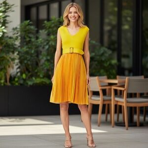 Sachin & Babi Women’s Yellow Pleated Belted Dress Spring Summer Quiet Luxury